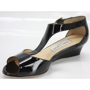 Jimmy Choo Black Patent Leather Treat T Strap Demi Wedge Sandal